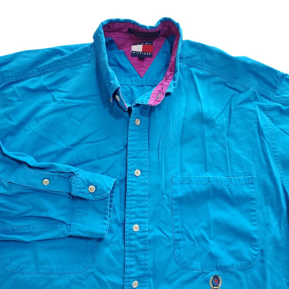 Tommy Hilfiger Vintage Mens Large Turquoise Blue Button Down Cotton Shirt